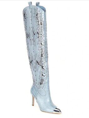 Gianni Bini Katyanna Women's Tall Blue Embossed Leather Western Boots Size